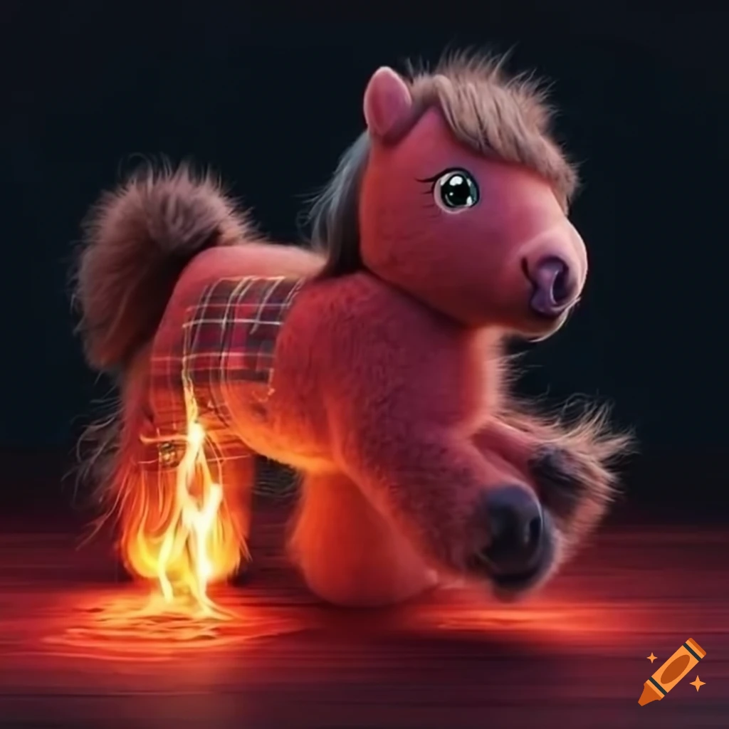 Christmas-themed fluffy pony foal by the fire