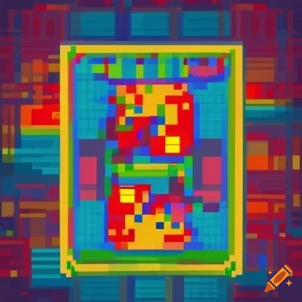 Retro 8bit pixel art playing card with colorful statistics