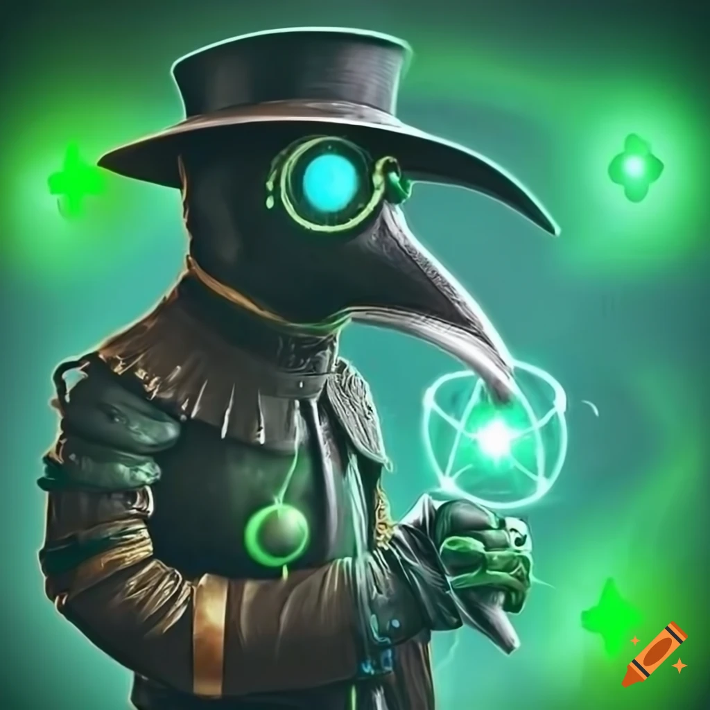 plague doctor with glowing green nebula eyes holding smoking green atom