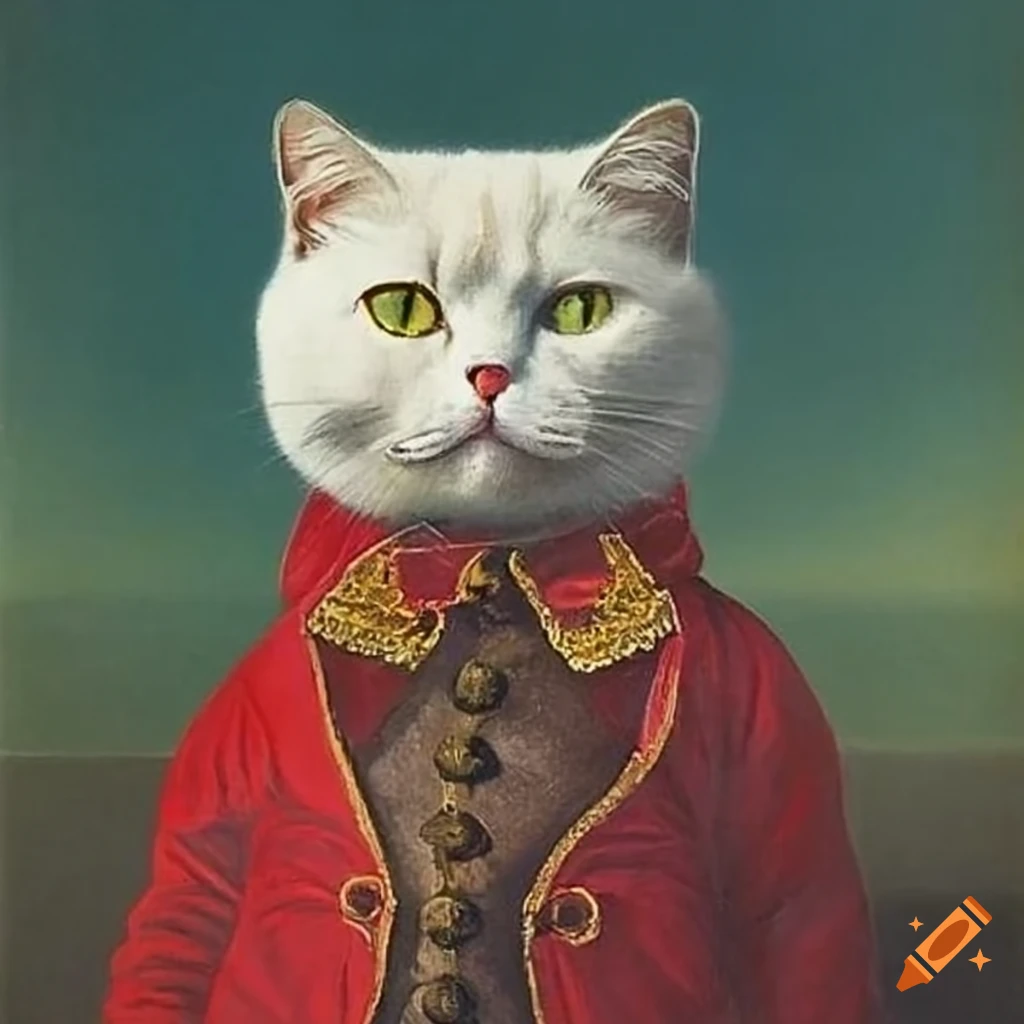 Cat wearing red victorian jacket by rene magritte