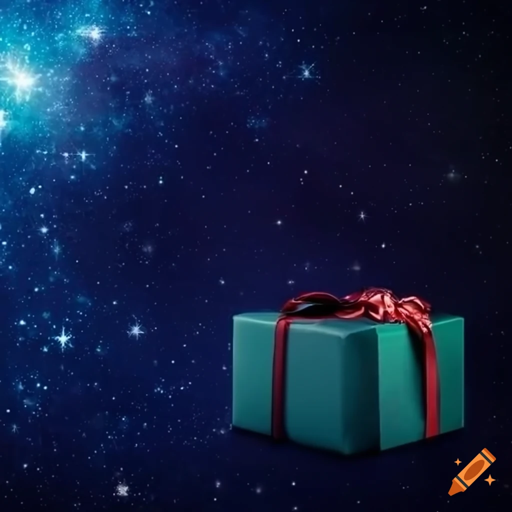 space background with a Christmas gift in front