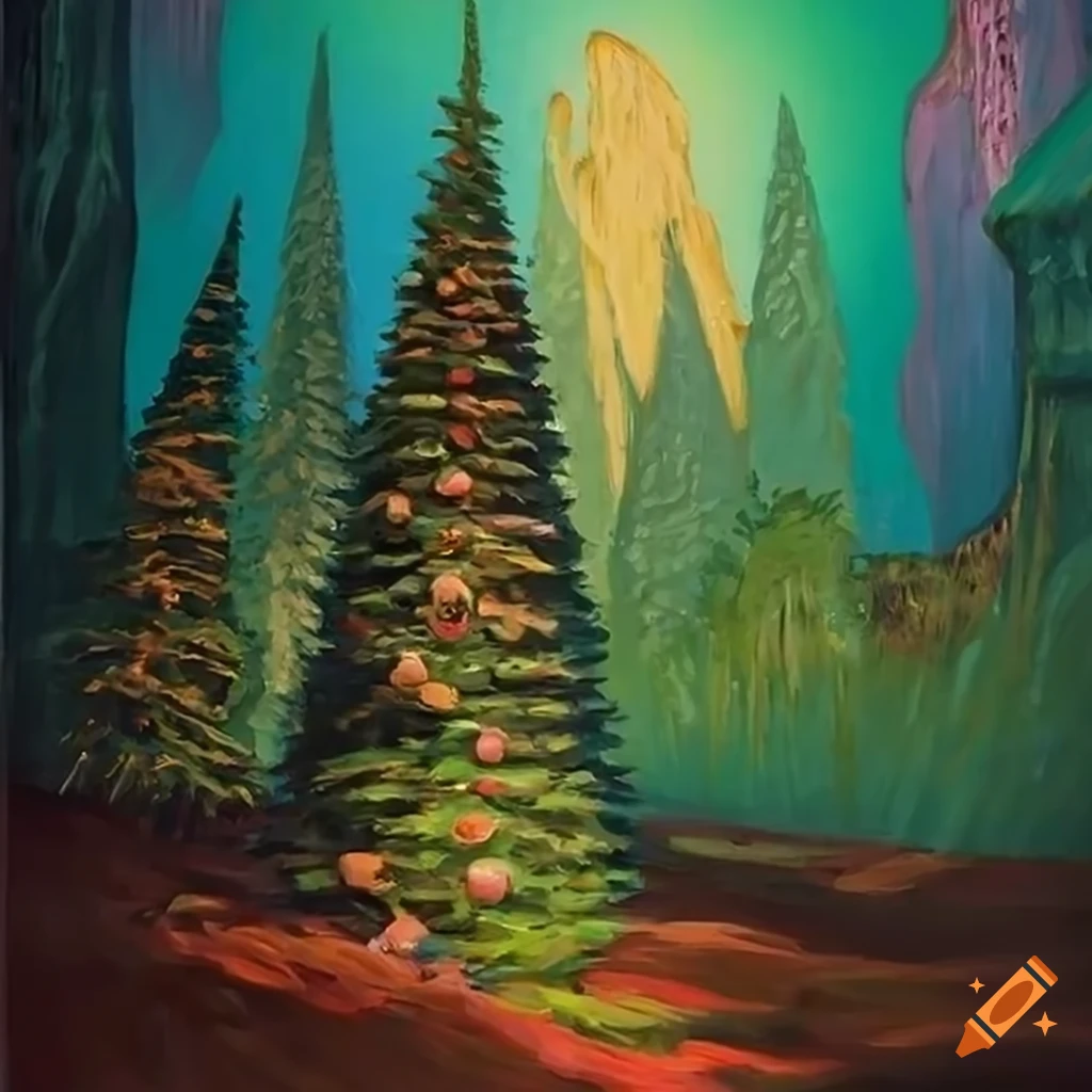 Oil painting of a forest of Christmas trees in various styles on Craiyon