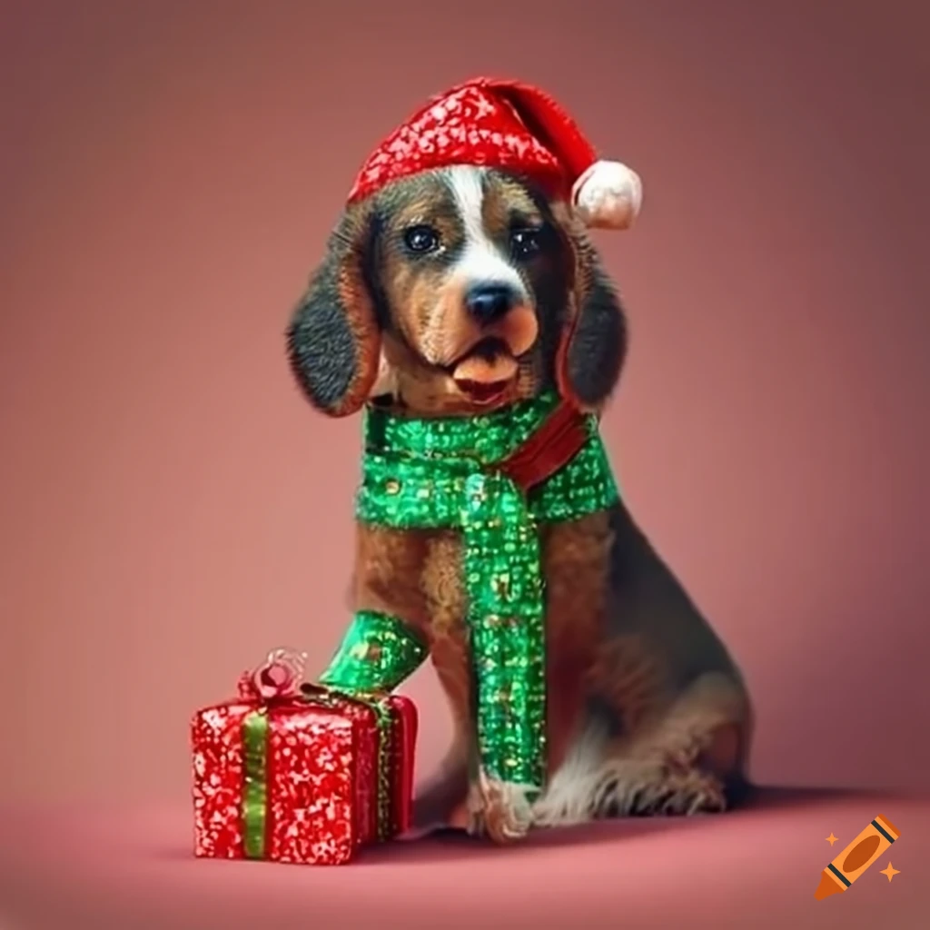 festive Christmas tree with presents and a cute puppy
