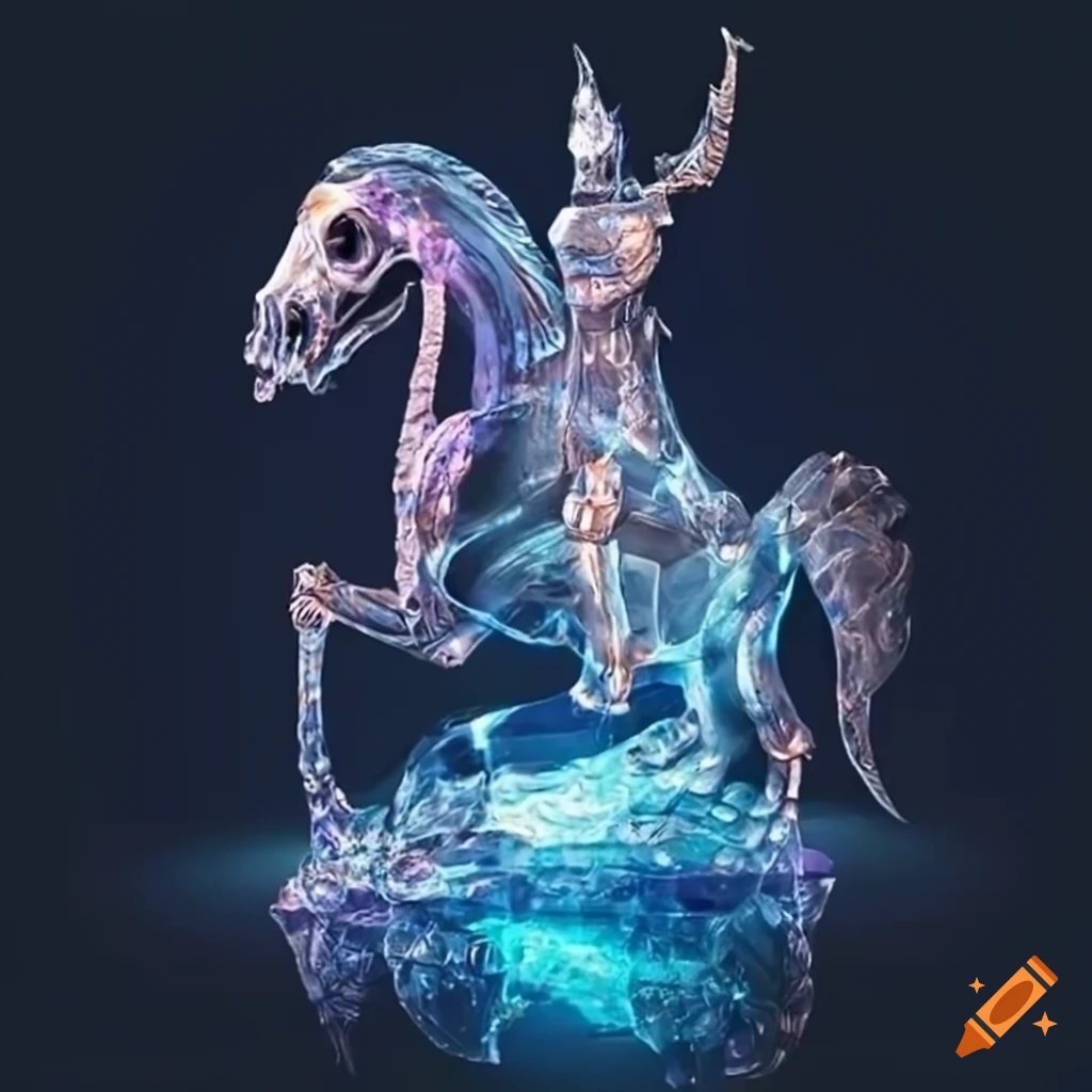 Artwork of a man in crystal skull armor riding a crystal horse