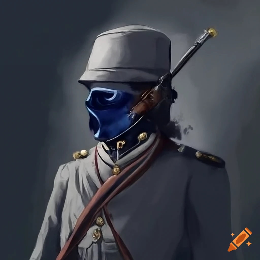 Civil war soldier in gray uniform with dark blue mask