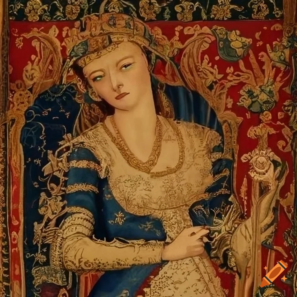 medieval tapestry of goddess Psyche in armor