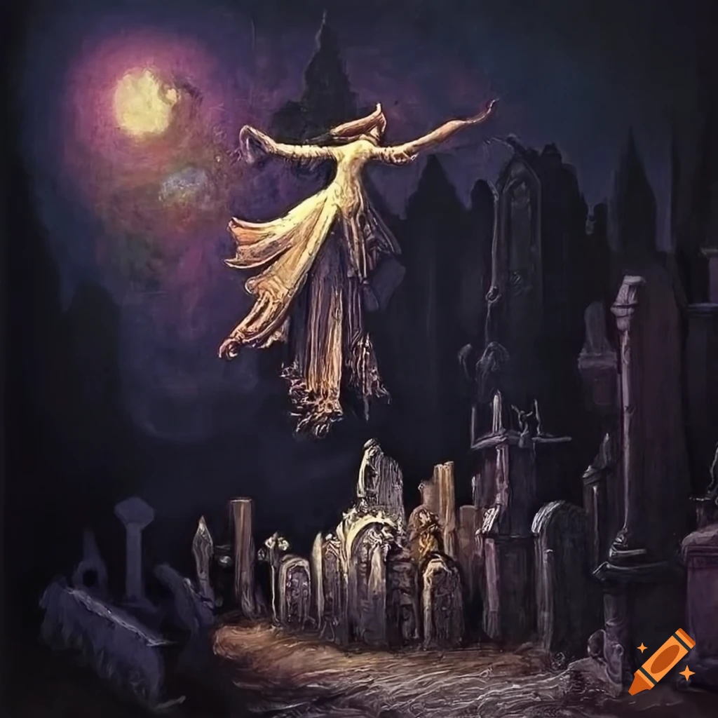 Detailed oil painting of a witch flying over a graveyard on Craiyon