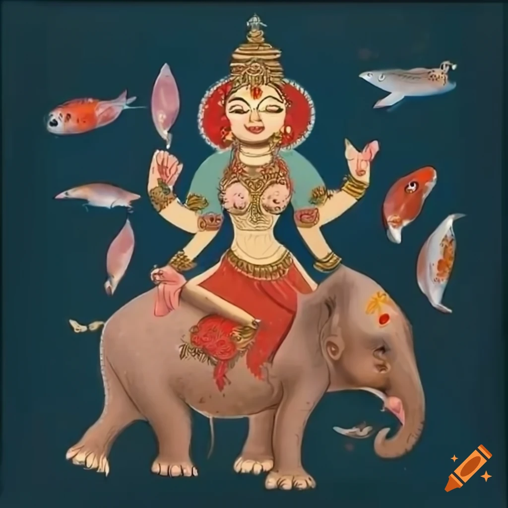 Hindu goddess doing side plank on elephant surrounded by fish and pigs