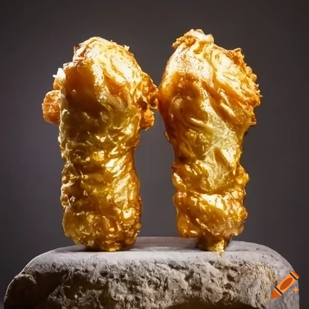 Golden fried chicken on stone pedestal