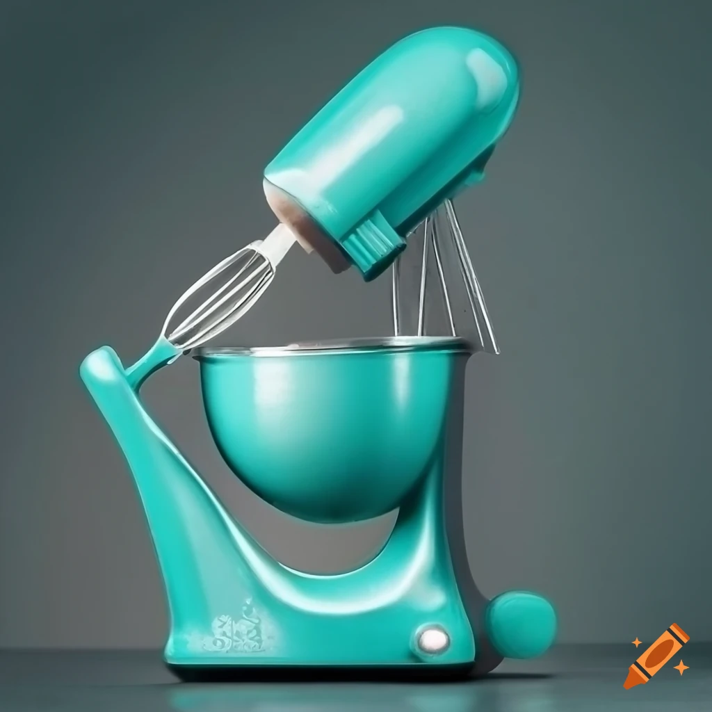 Teal kitchen aid mixer with sunflowers and baking utensils