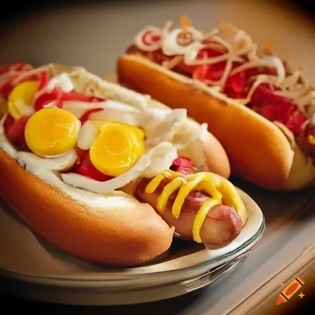 Hot dog with pickled eggs and crispy onions on Craiyon