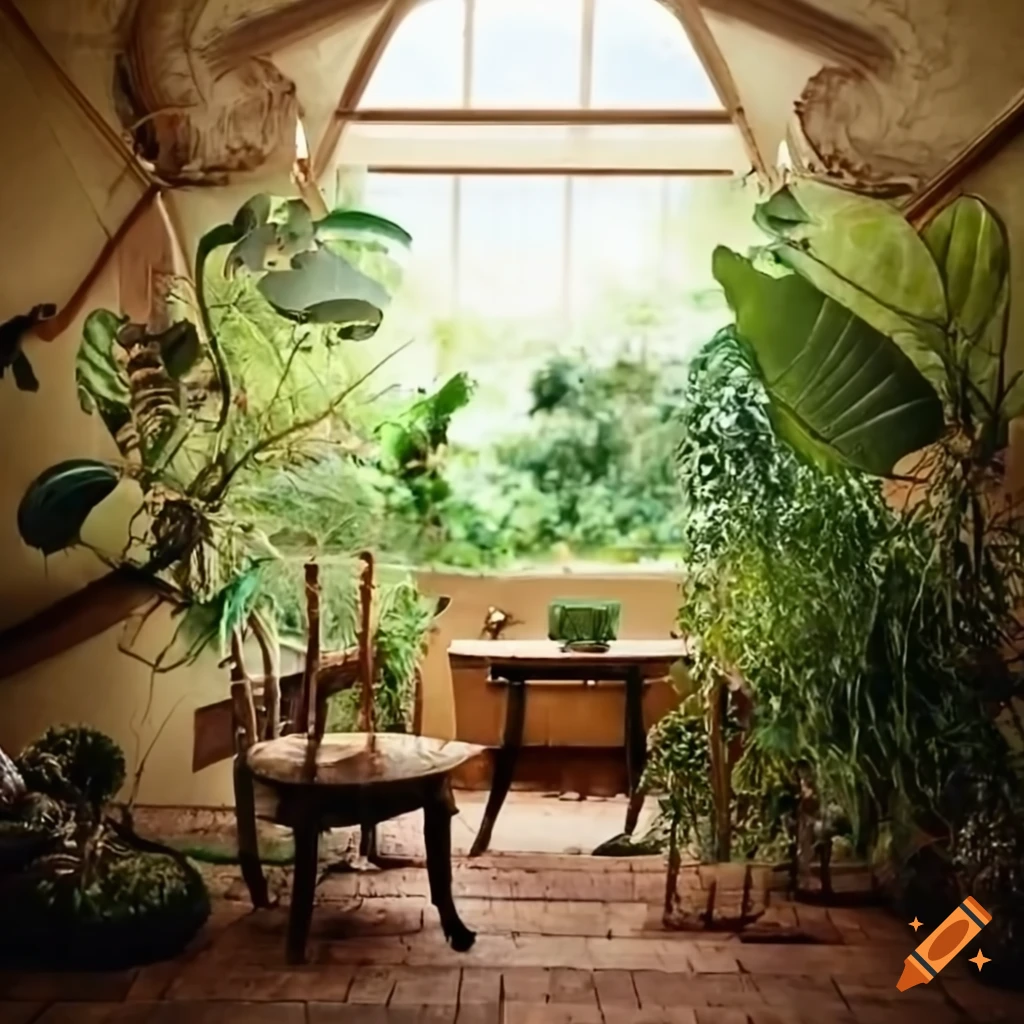 room with skylight, wooden furniture, and plants