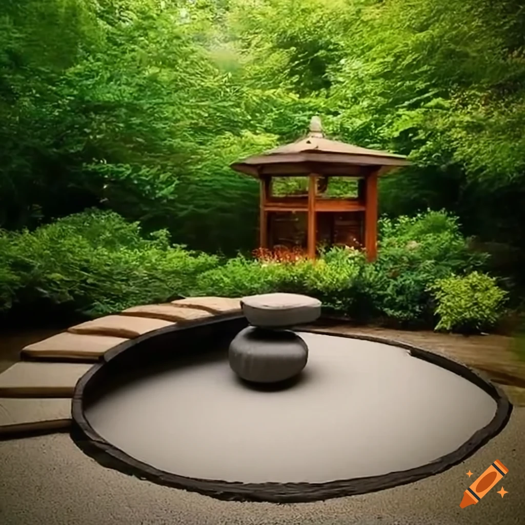 Zen garden with moon gate and outdoor seating on Craiyon