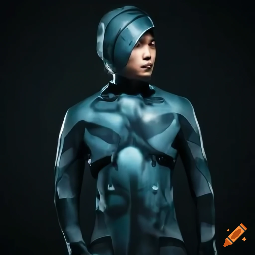 Asian man in futuristic skin wetsuit with biomechanic details