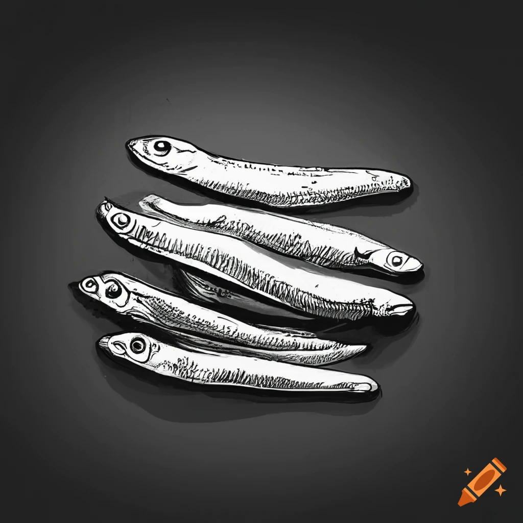 Minimalist ink drawing of anchovies in vinegar