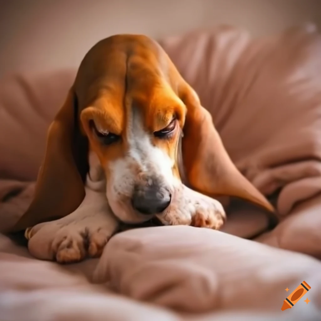 Basset hound sleeping on a cozy bed on Craiyon
