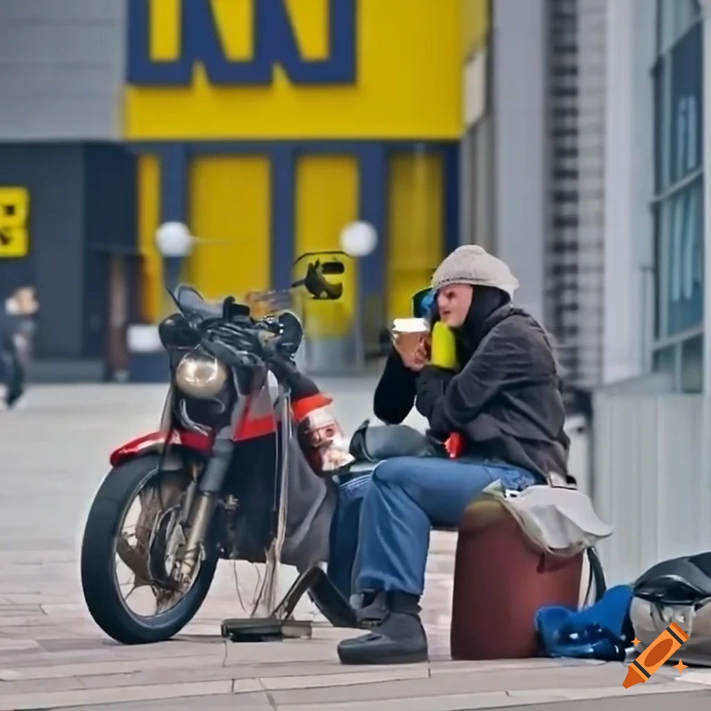 biker enjoying a drink at an IKEA shopping center