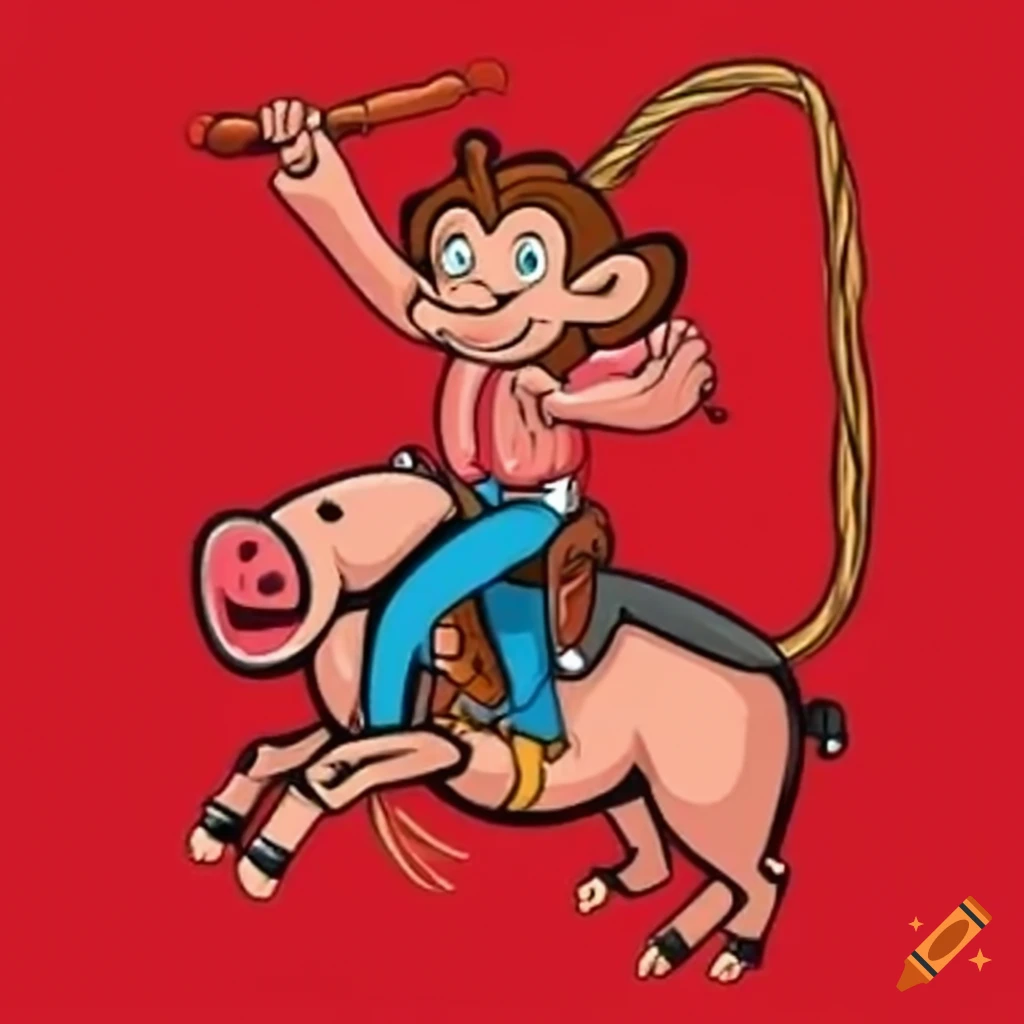 funny image of a monkey riding a pig with a sausage lasso