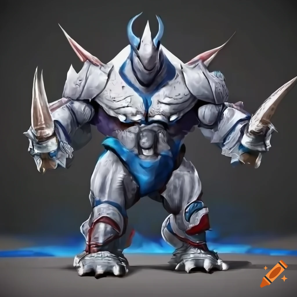 Rhino character with blue and white armor