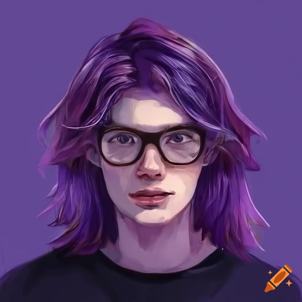 portrait of a guy with purple long hair and cat ears