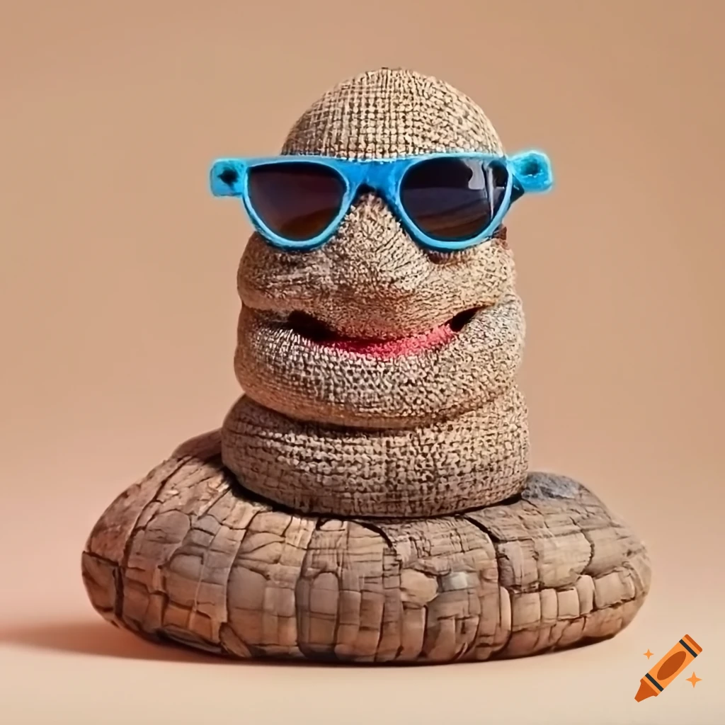 stone sculpture of a worm with a straw hat and sunglasses