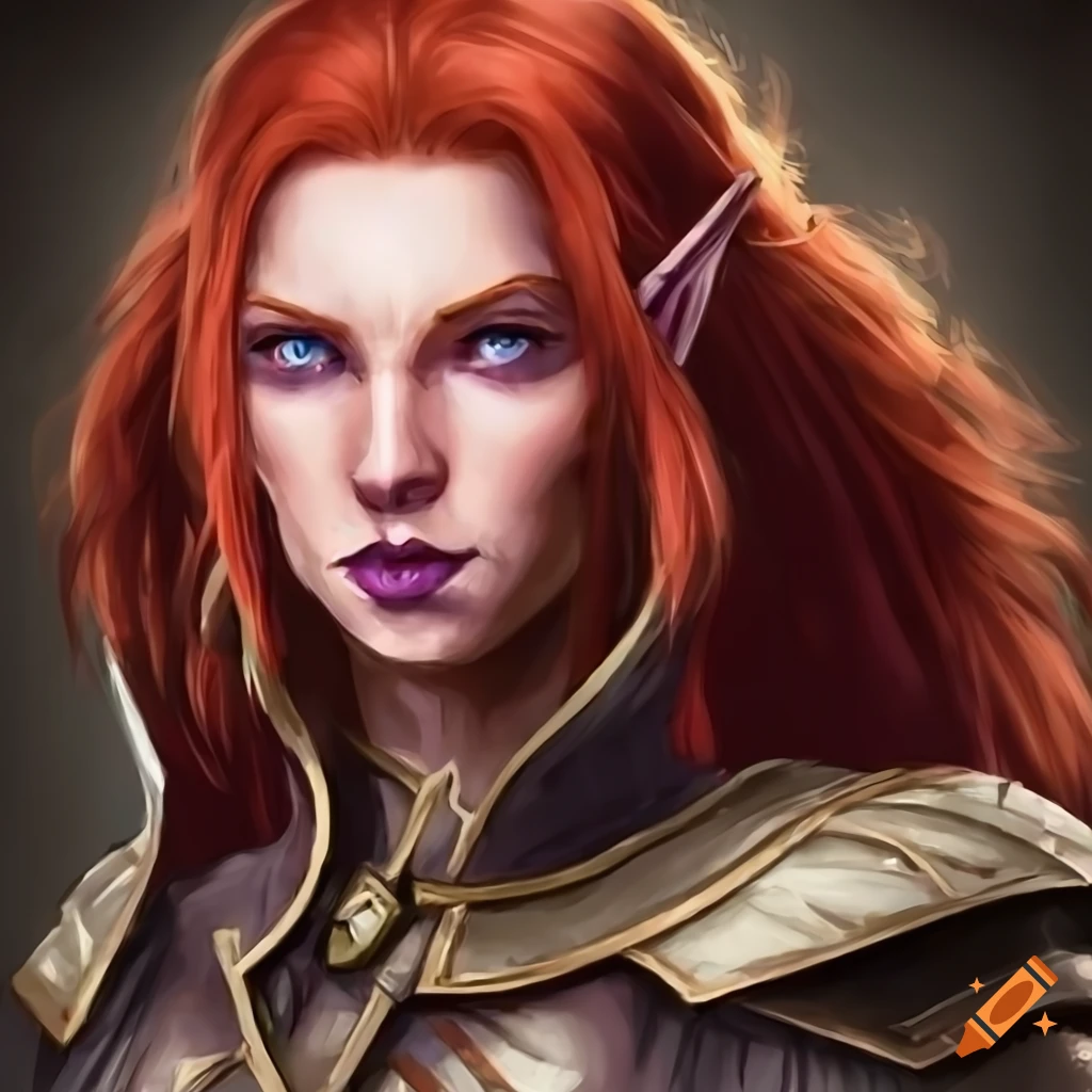 Portrait of a red-haired wood elf in rogue armor