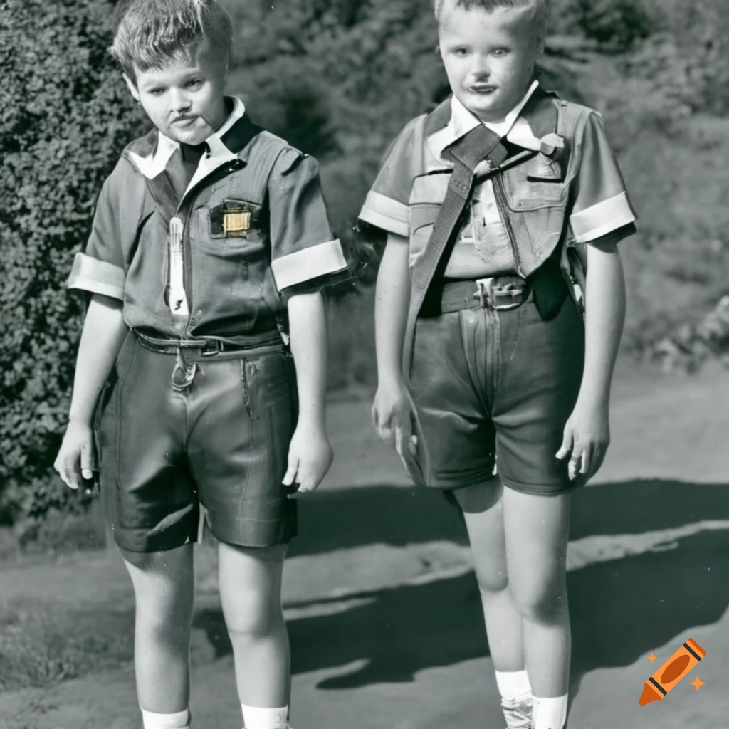 1950s vintage photograph of two stern-faced boys in scouting uniforms ...