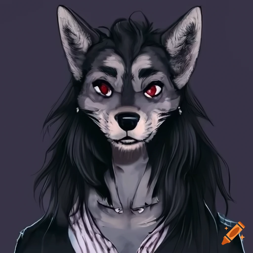 Icon of a grunge wolf fursona with spiky collar and black hair