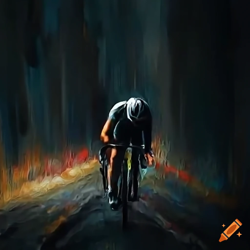 abstract painting of a cyclist racing through a dark path