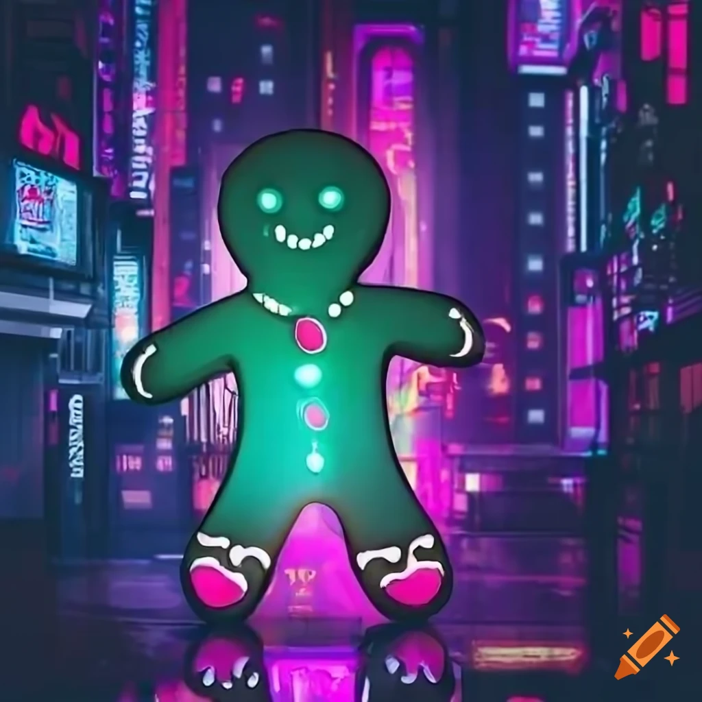 Gingerbread man in a futuristic neon city