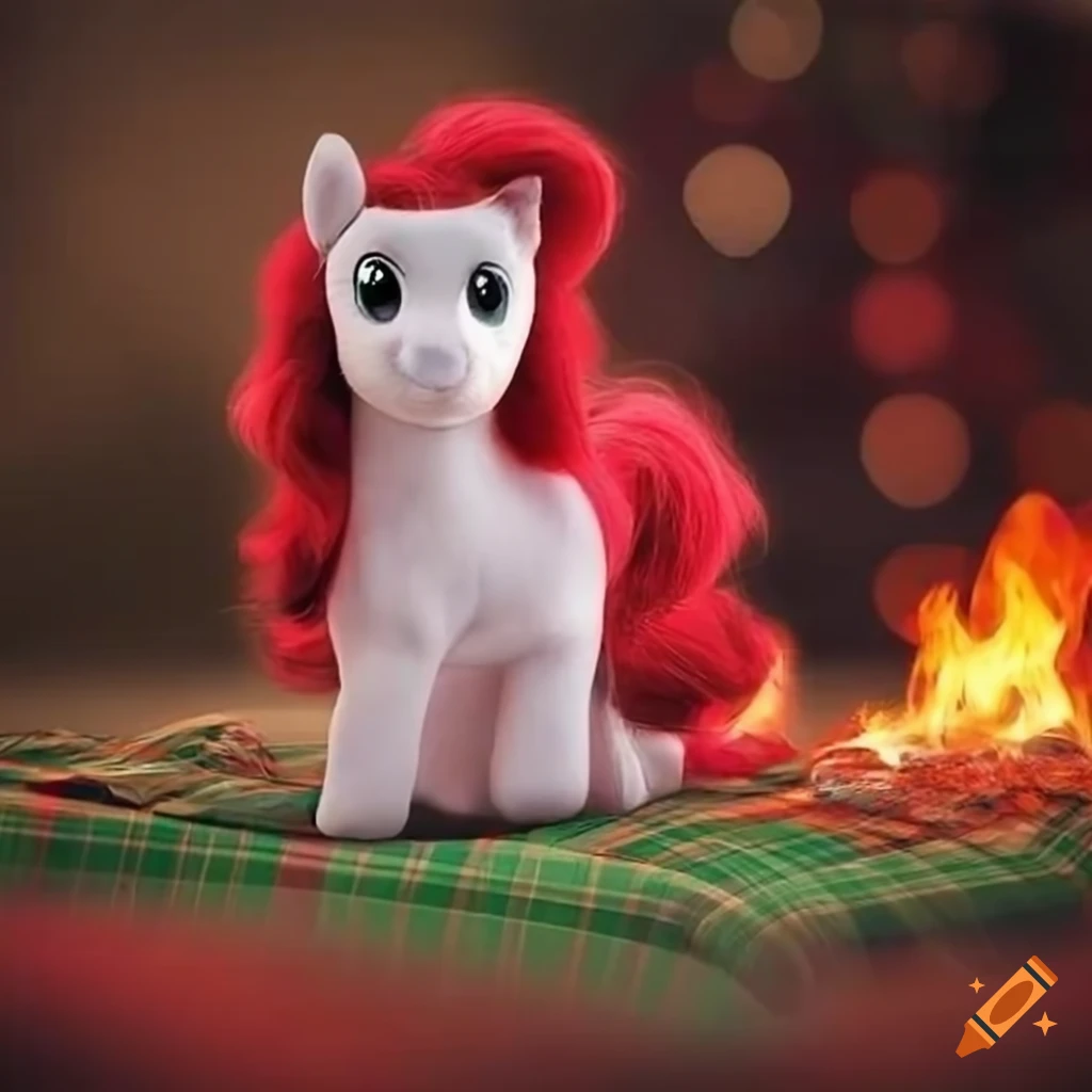 Christmas-themed fluffy pony foal by the fire