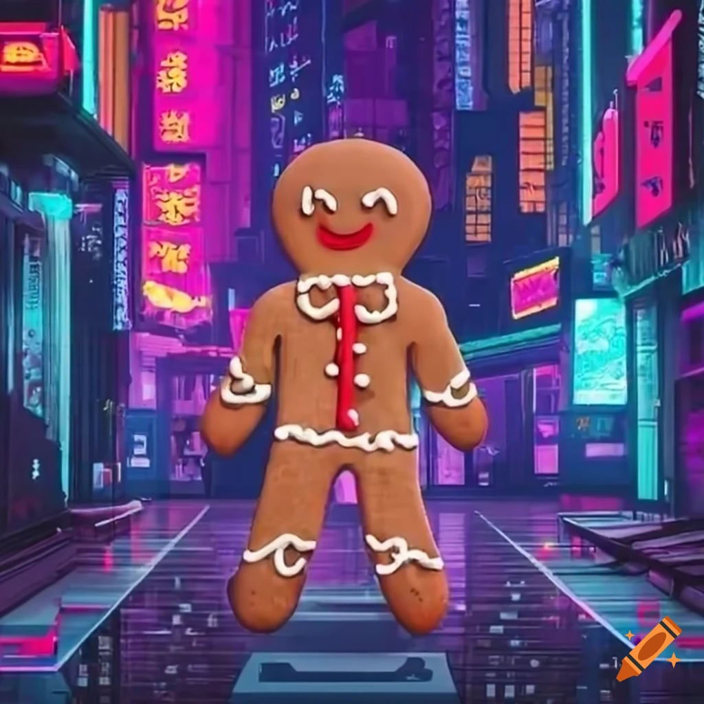 Gingerbread man in a neon cyberpunk city