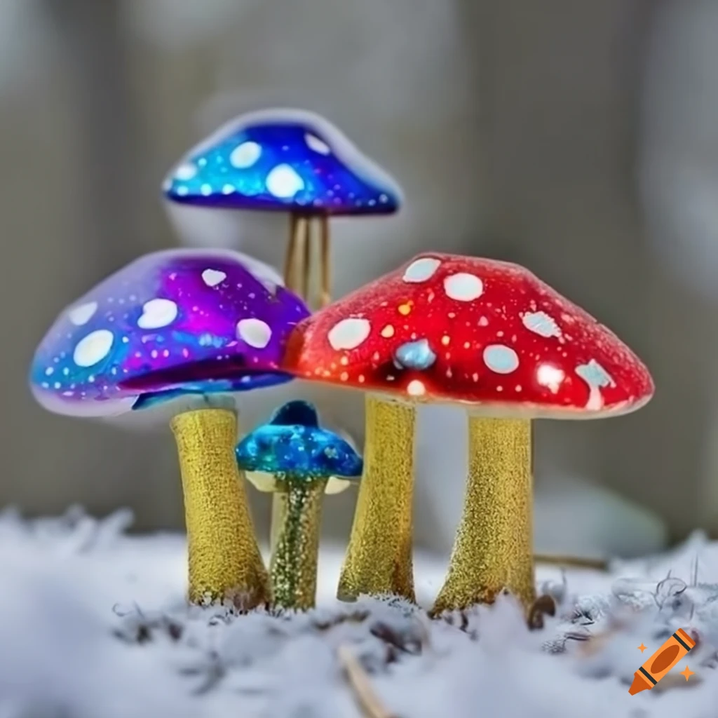 festive metallic mushroom-shaped ornaments in a snowy forest