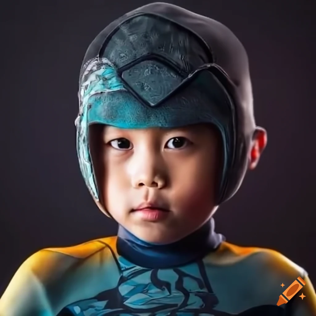 realistic illustration of an Asian boy in a biomechanic wetsuit