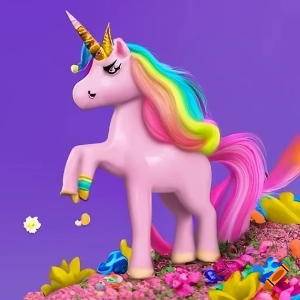Illustration of a colorful unicorn on a candy hill on Craiyon