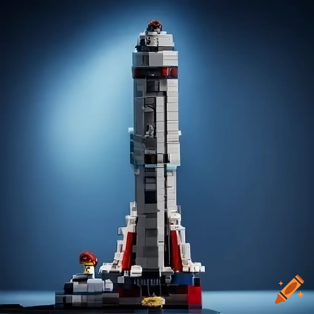 LEGO replica of a starship on a launch pad