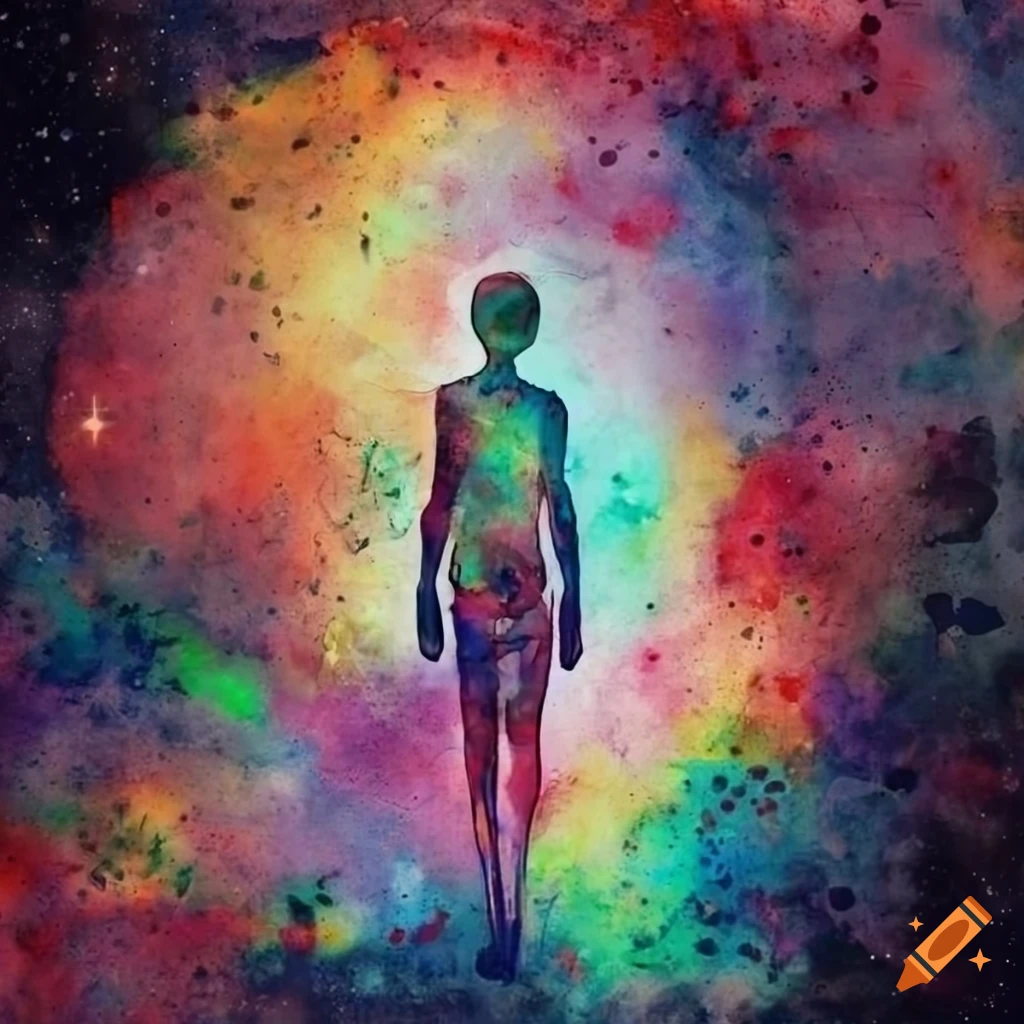 Cosmic art of a person forming from dust particles