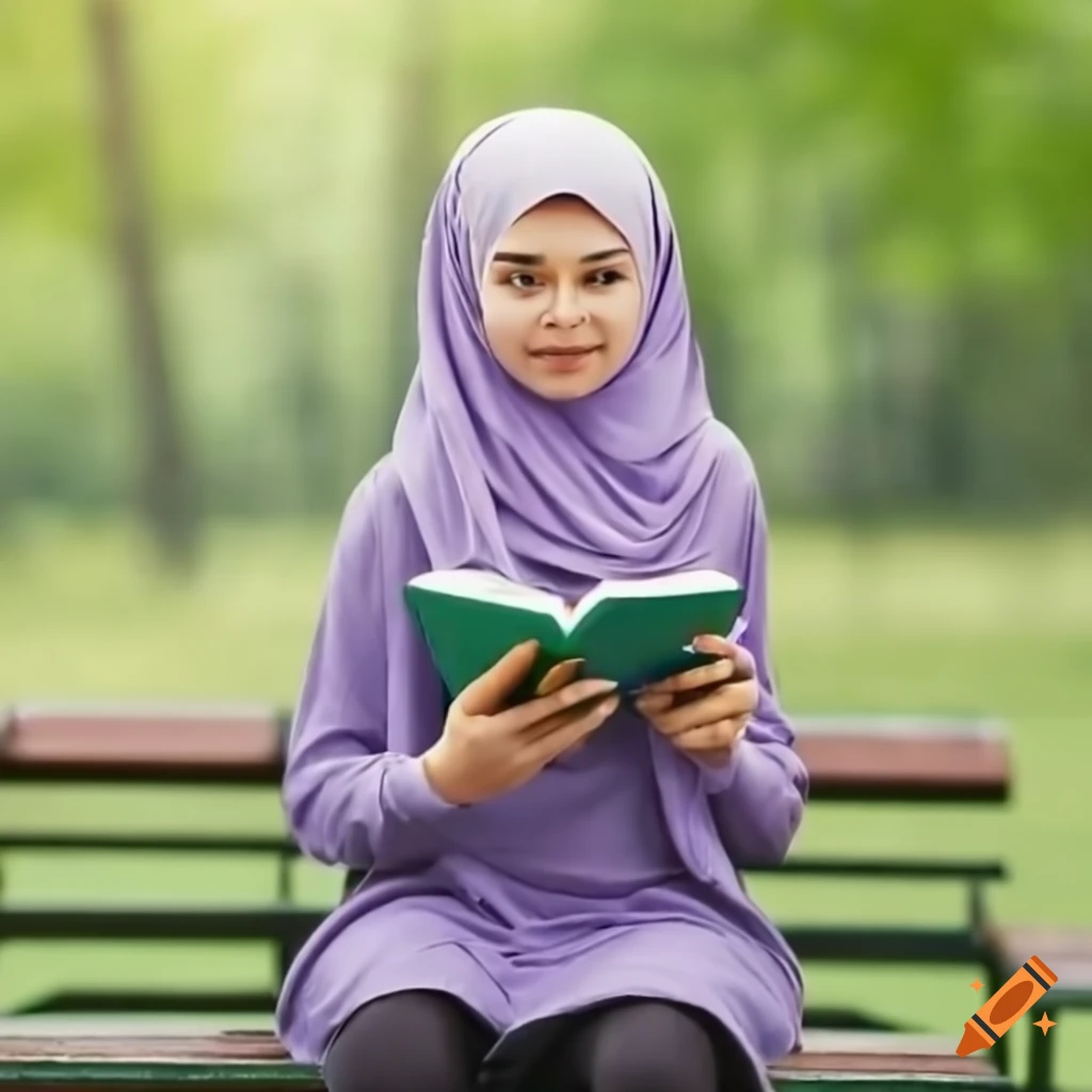 girl in hijab reading a book on a park bench