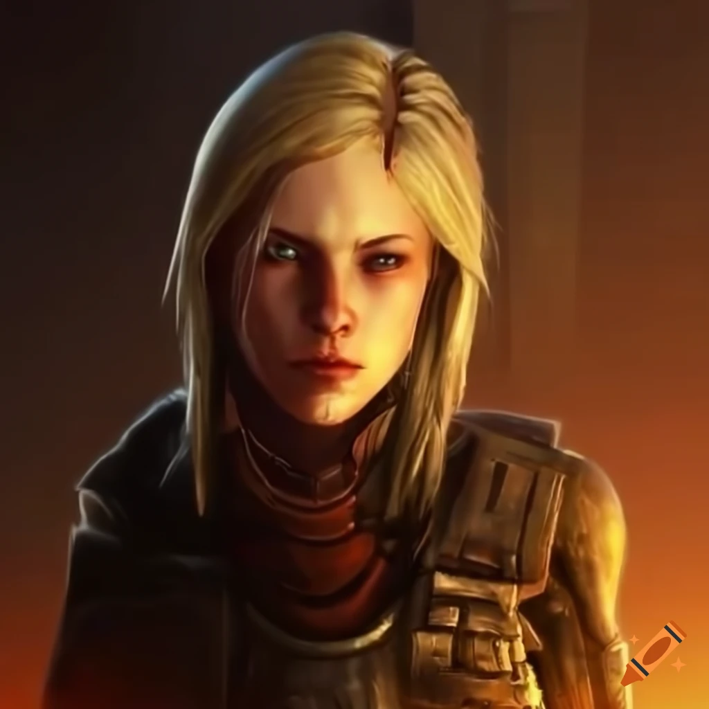 Blonde female protagonist in fallout armor gazing at the wasteland on
