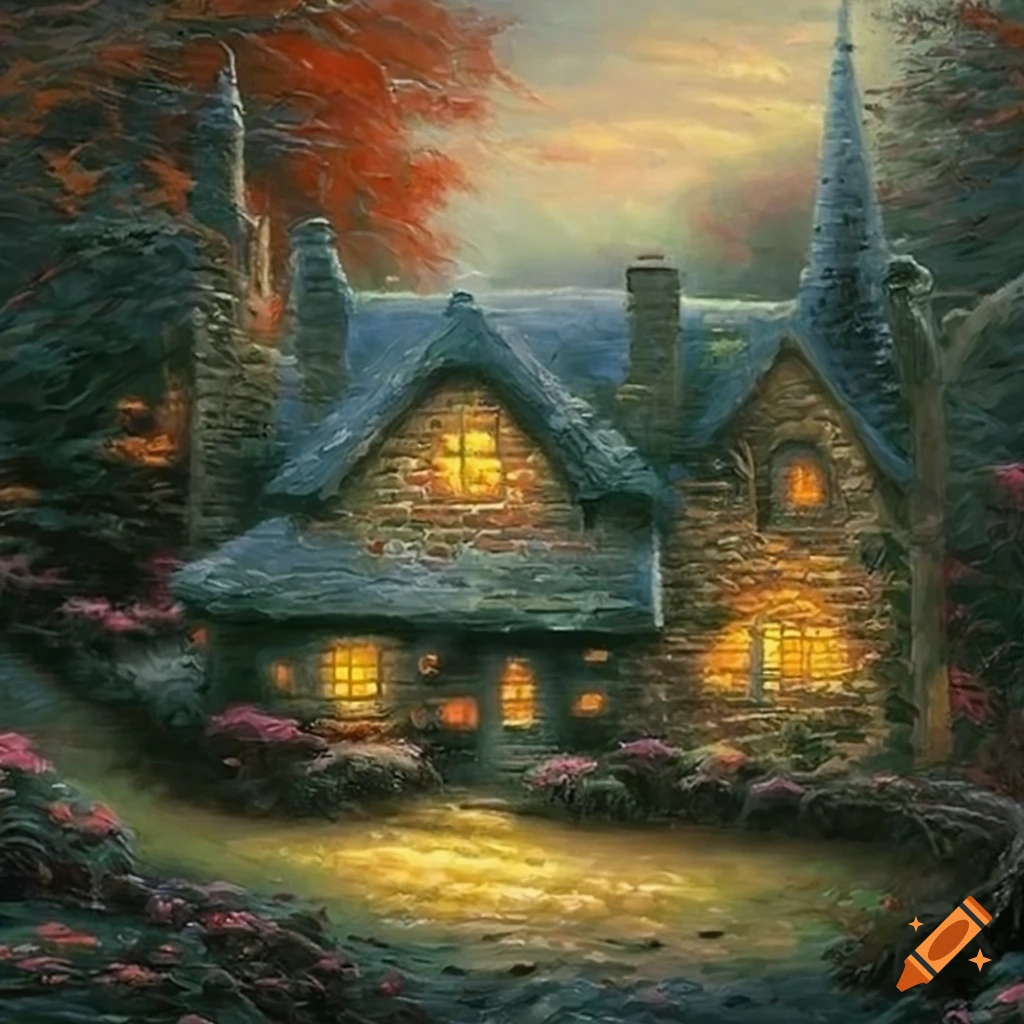 Thomas Kinkade oil painting of a witch's cottage in a dark forest on ...