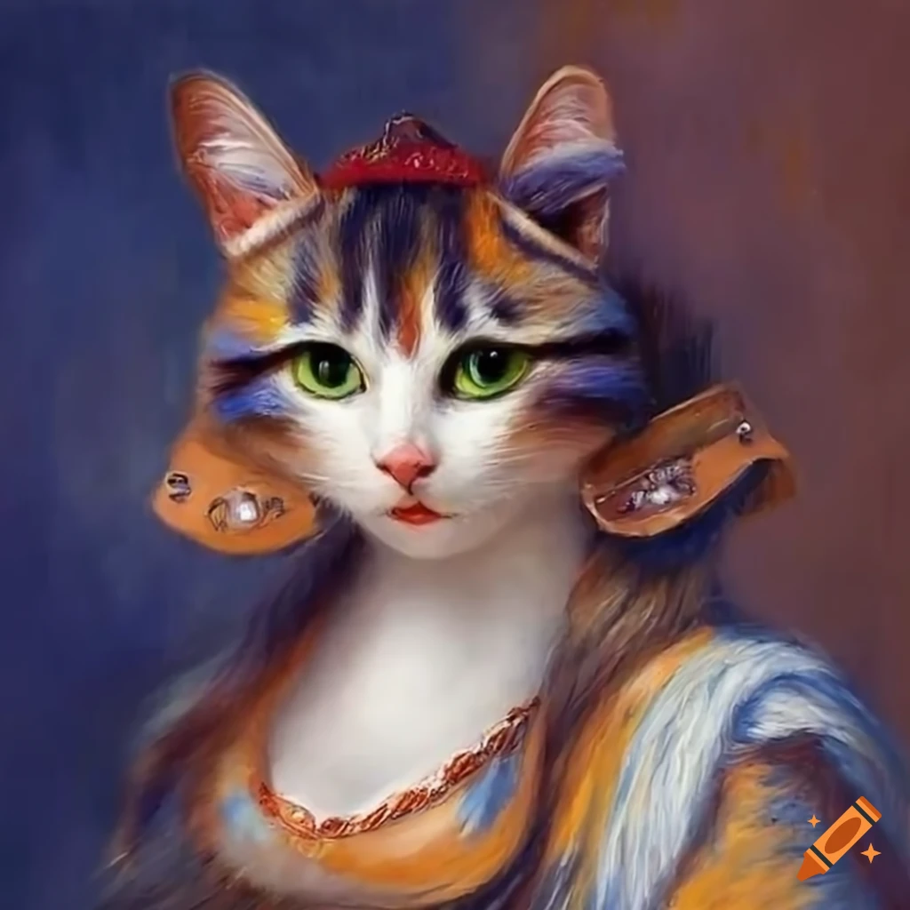 Surreal painting of cats in fancy clothes