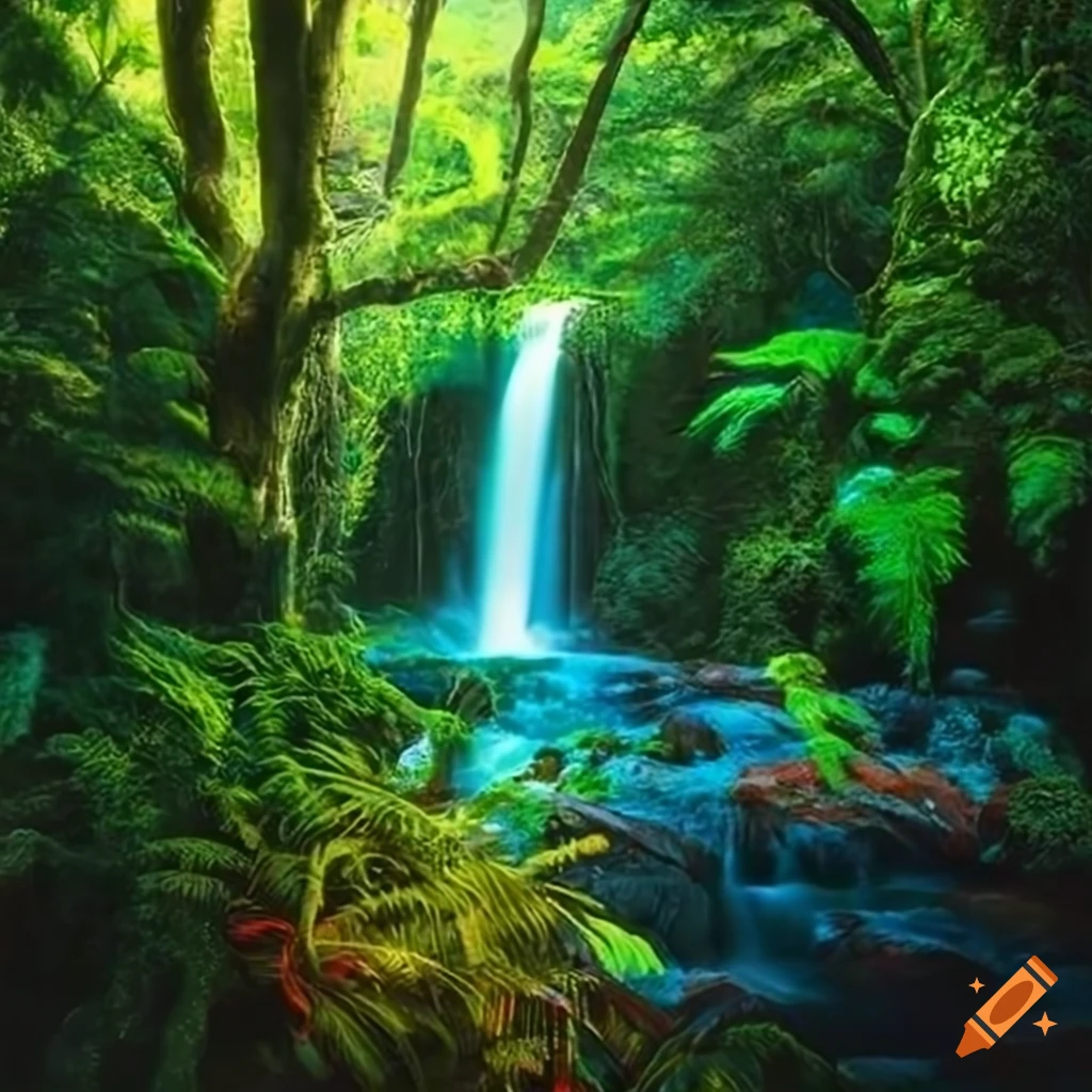 Vibrant rainforest with exotic trees and waterfalls