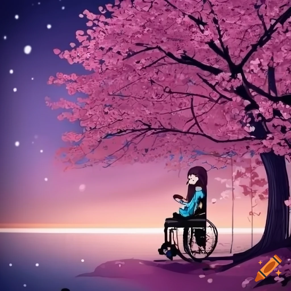 manga style girl in wheelchair under sakura tree