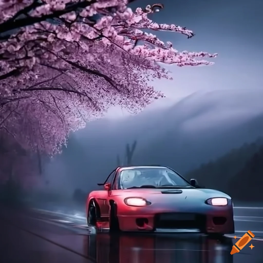 Mazda RX7 drifting through cherry blossoms in the mountains on Craiyon