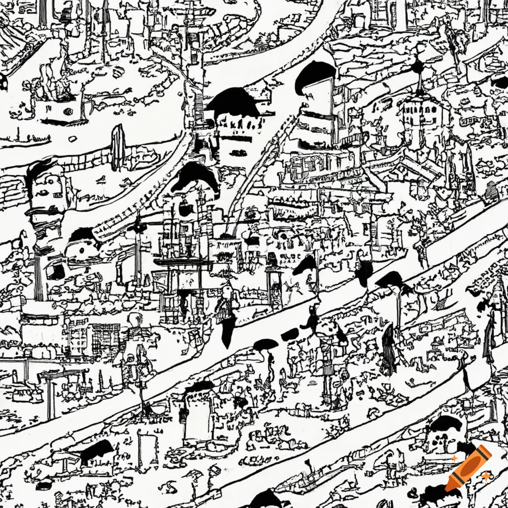 Black and white ink drawing of blackpool with hidden characters