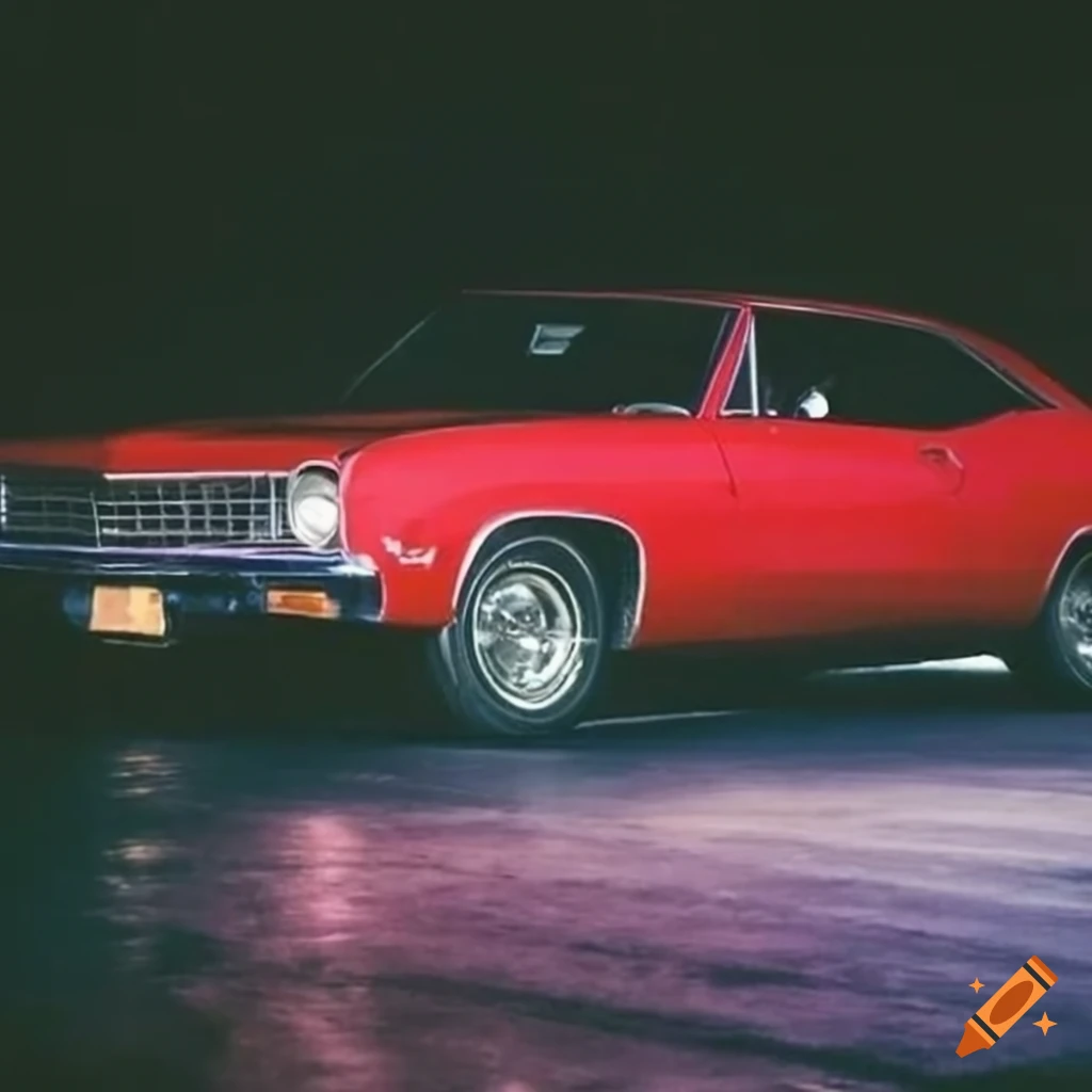 nighttime photo of a red 1967 Chevrolet Malibu