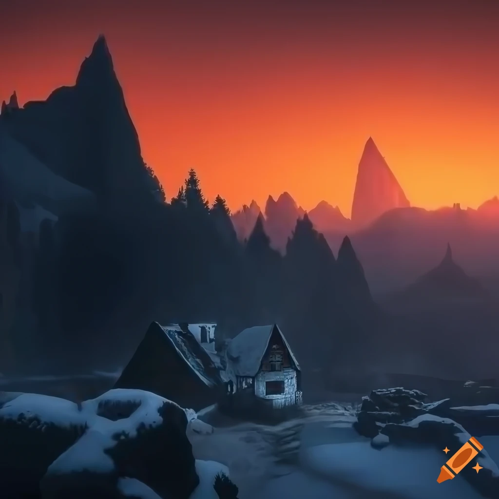 a medieval village nestled in a snowy mountain cave