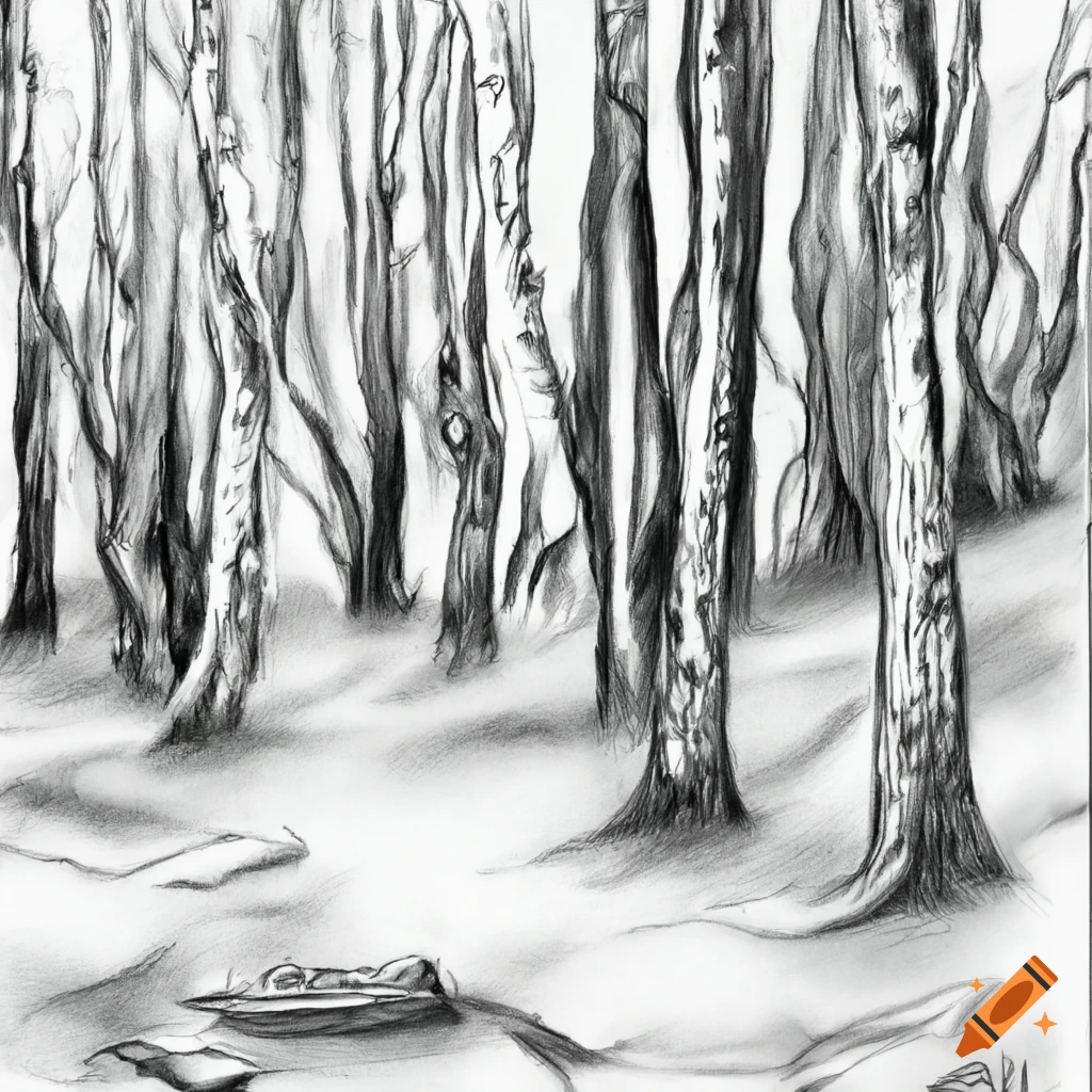Pencil drawing of a temperate deciduous forest