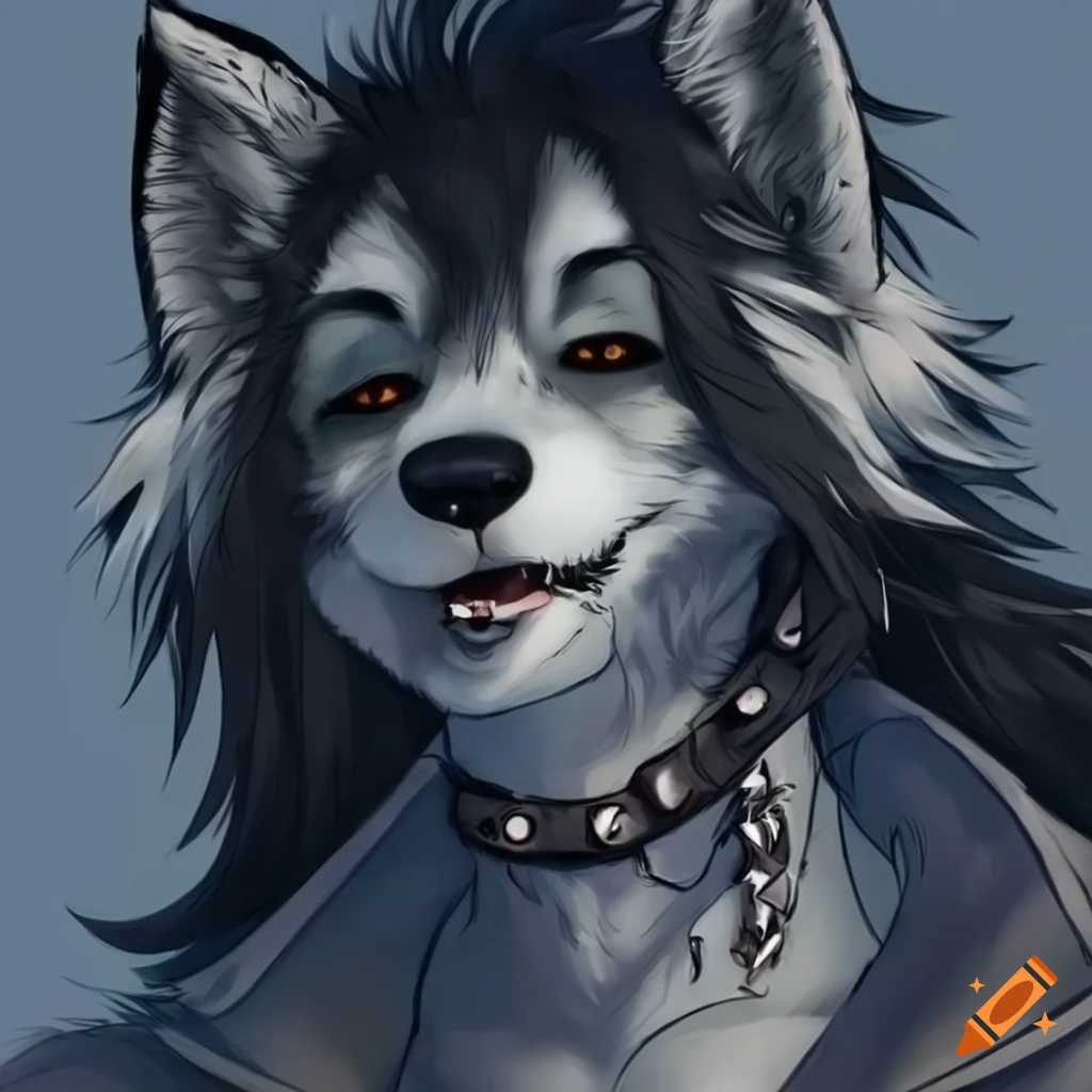 Icon of a grunge wolf fursona with spiky collar and black hair