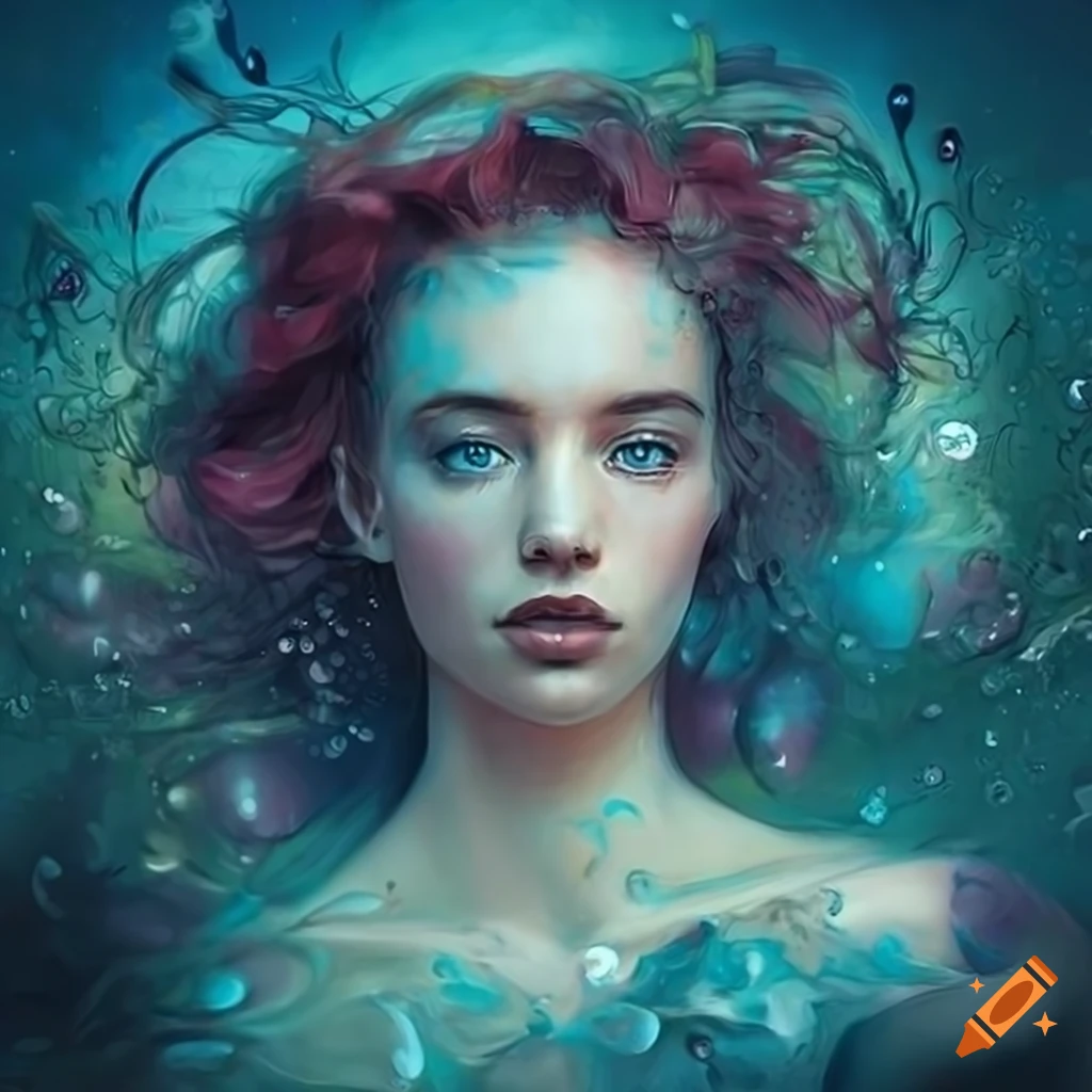 Detailed water painting of a woman with floating leaves and flowers